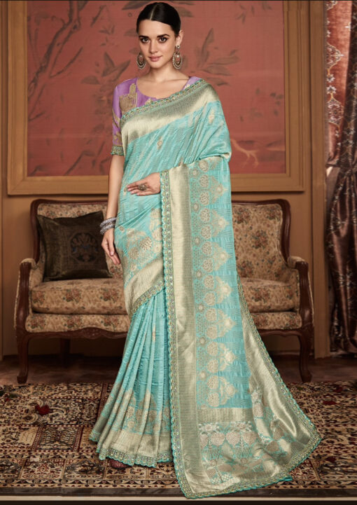 Sky Blue Soft Dola Silk Wedding Saree