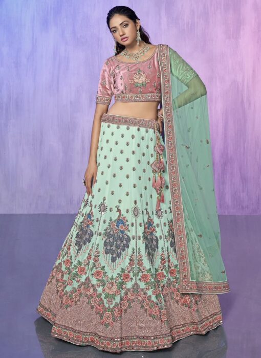 Aqua Heavy Embroidered Bridal Lehenga Choli