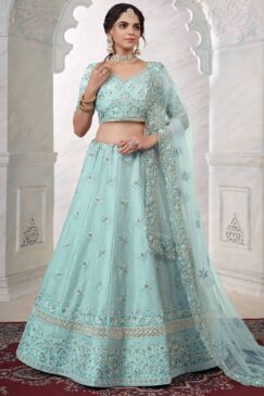 Turquoise Art Silk Embroidered Bridal Lehenga Choli