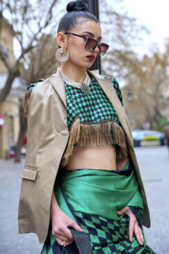 Alternative view of Bright Green Retro Print Satin Silk Saree