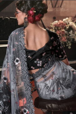 Alternative view of Grey to Black Shaded Digital Net Bridal Party Saree