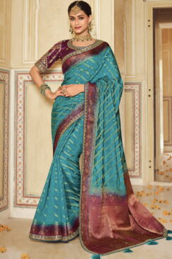 Blue Art Silk Embroidered Wedding Saree