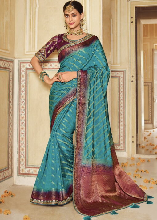 Blue Art Silk Embroidered Wedding Saree