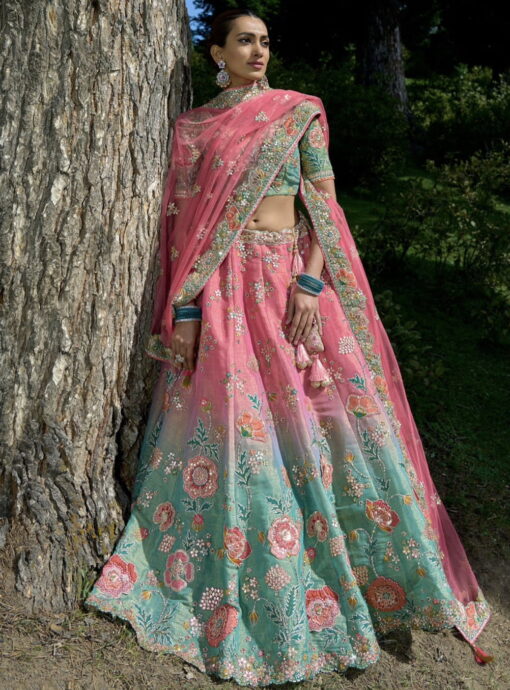 Pink & Green Silk Bridal Lehenga Choli