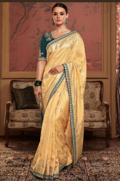 Cream Yellow Soft Dola Silk Wedding Saree