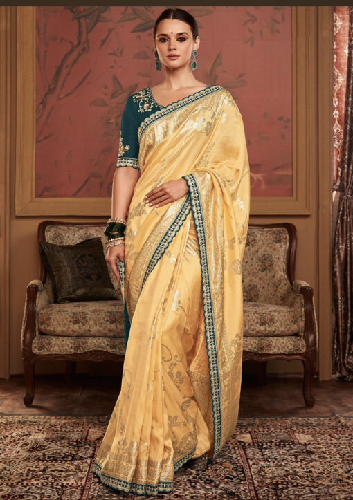 Cream Yellow Soft Dola Silk Wedding Saree
