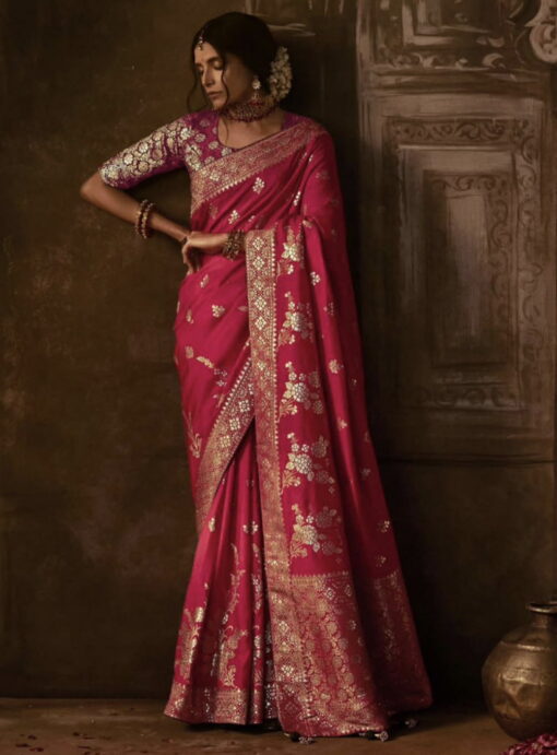 Dark Pink Dola Silk Wedding Saree