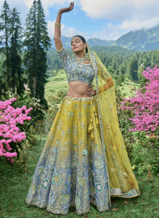 Grey & Yellow Silk Bridal Lehenga Choli
