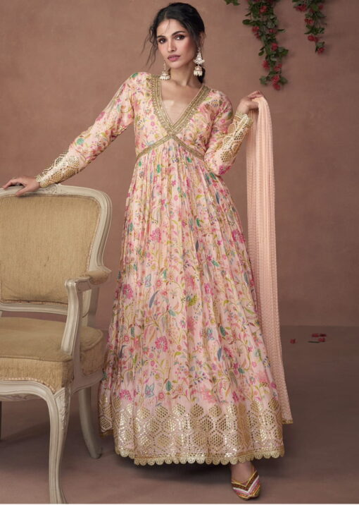 Peach Organza Silk Anarkali Gown