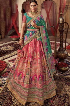 Pink & Green Banarasi Silk Heavy Embroidered Bridal Lehenga Choli