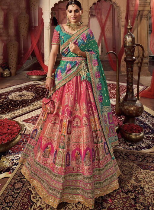 Pink & Green Banarasi Silk Heavy Embroidered Bridal Lehenga Choli