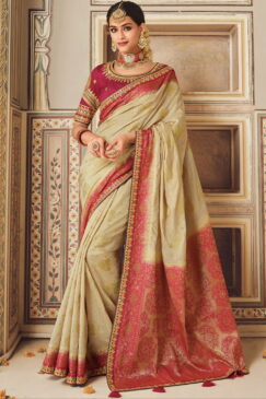 Beige Art Silk Embroidered Wedding Saree