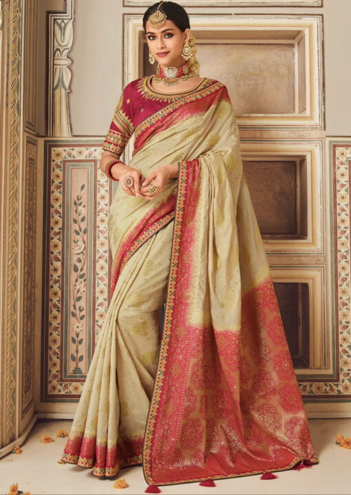 Beige Art Silk Embroidered Wedding Saree