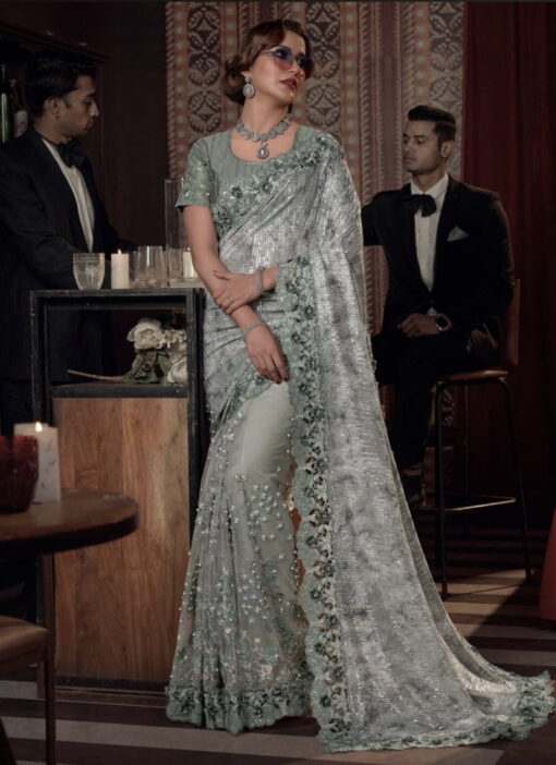 Pista Half N Half Bridal Party Saree