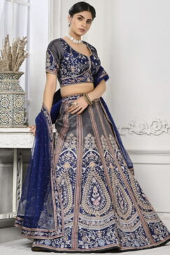 Blue And Grey Satin Silk Wedding Lehenga Choli