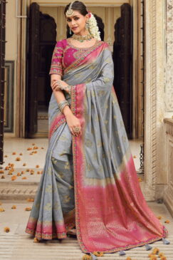 Grey Art Silk Embroidered Wedding Saree