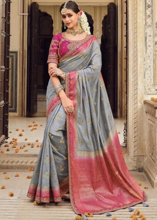 Grey Art Silk Embroidered Wedding Saree