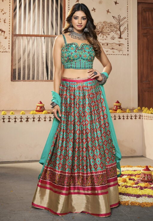 Turquoise Silk Embroidered Lehenga Choli