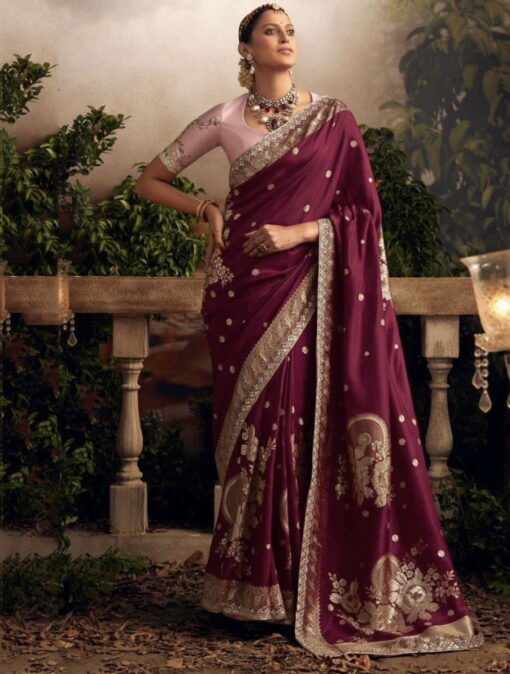 Luxurious Wine Silk Saree Dola Viscose with Detailed Floral Pattern Weaving main image 0