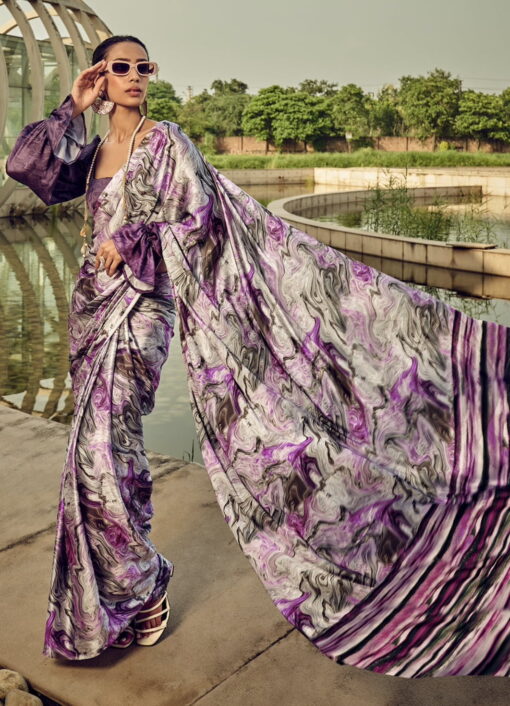 Purple Print Satin Silk Saree