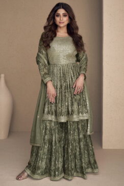 Moss Green Chinon Silk Embroidered Palazzo Suit
