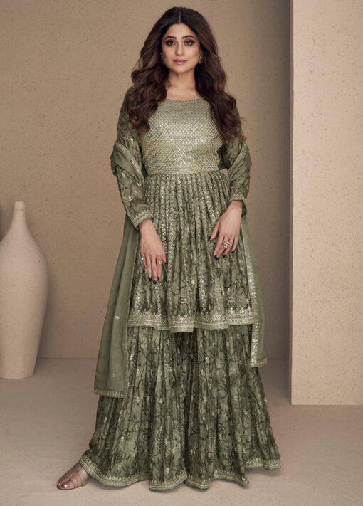 Moss Green Chinon Silk Embroidered Palazzo Suit