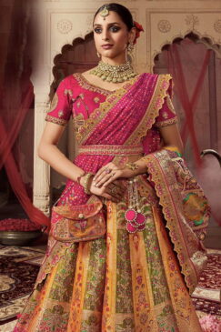 Alternative view of Yellow & Pink Banarasi Silk Heavy Embroidered Bridal Lehenga Choli