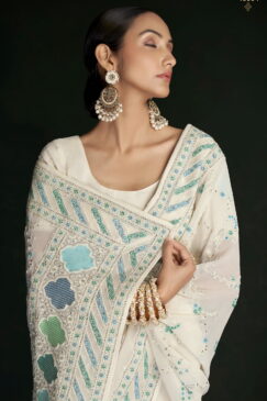 Alternative view of White Georgette Lucknowi Embroidered Wedding Saree