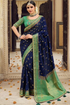 Blue Art Silk Embroidered Wedding Saree