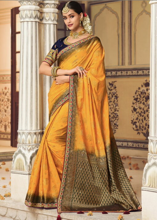 Yellow Art Silk Embroidered Wedding Saree