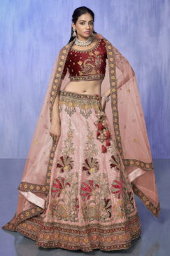 Peach Heavy Velvet Embroidered Bridal Lehenga Choli