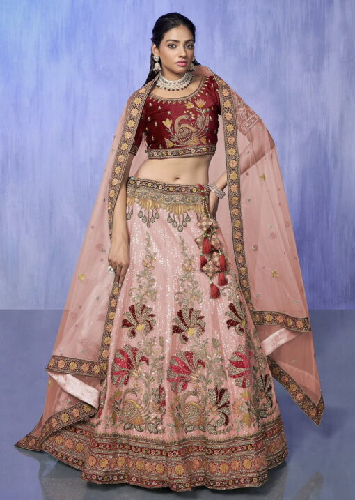 Peach Heavy Velvet Embroidered Bridal Lehenga Choli