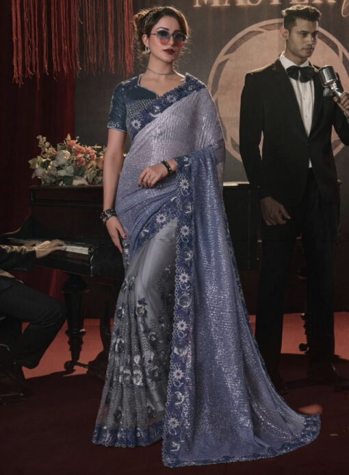Shaded Blue Half N Half Bridal Saree