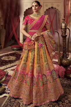 Yellow & Pink Banarasi Silk Heavy Embroidered Bridal Lehenga Choli