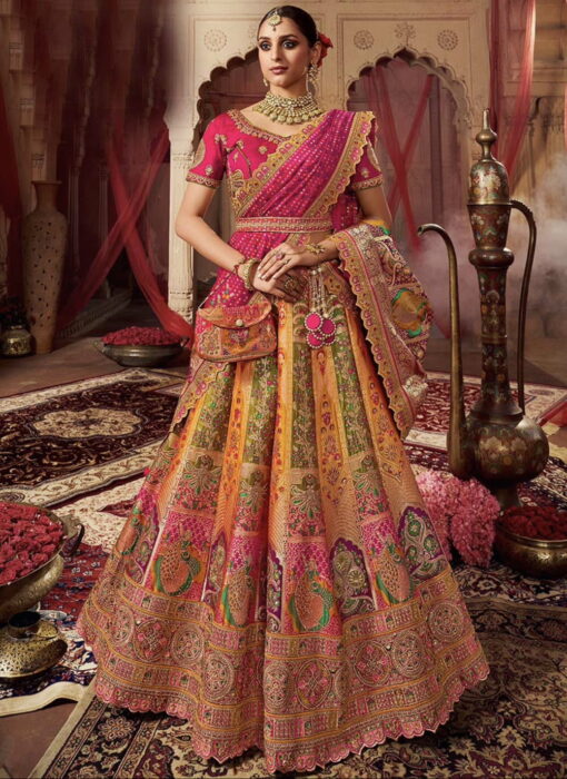 Yellow & Pink Banarasi Silk Heavy Embroidered Bridal Lehenga Choli