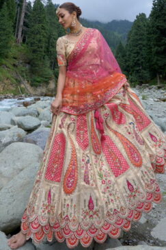 Alternative view of Cream & Pink Silk Bridal Lehenga Choli