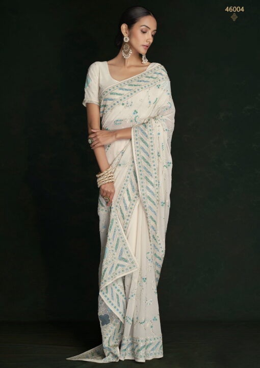 White Georgette Lucknowi Embroidered Wedding Saree