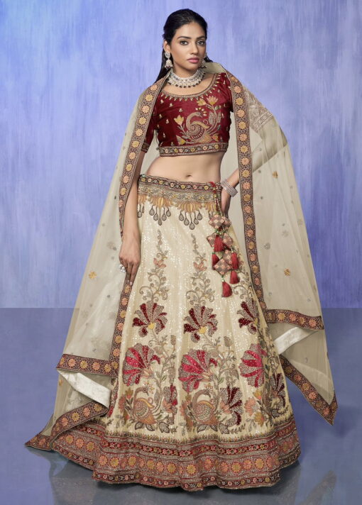 White Heavy Velvet Embroidered Bridal Lehenga Choli