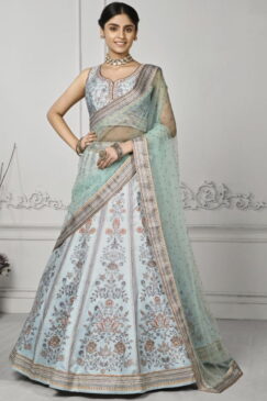 Aqua Blue Satin Silk Wedding Lehenga Choli