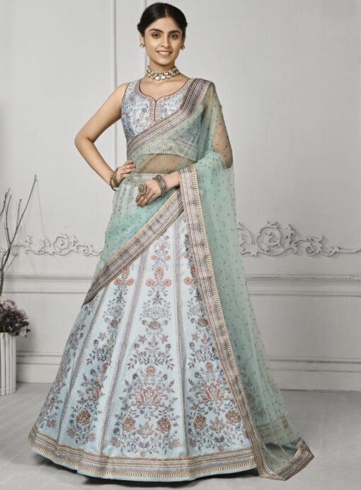 Aqua Blue Satin Silk Wedding Lehenga Choli