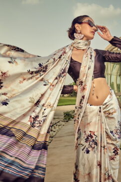 Alternative view of Off White Print Satin Silk Saree