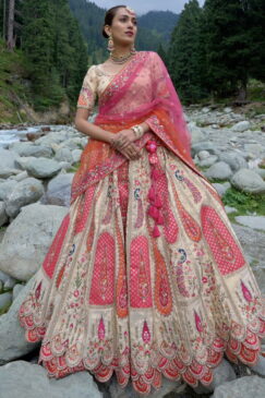 Cream & Pink Silk Bridal Lehenga Choli