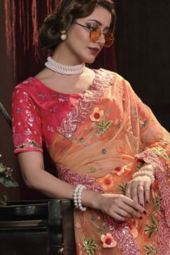 Alternative view of Orange Shaded Digital Net Bridal Saree