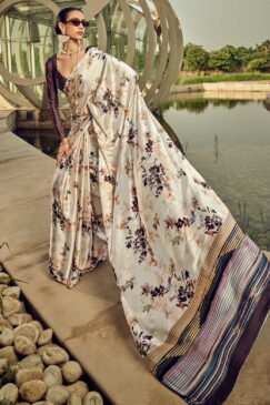 Off White Print Satin Silk Saree
