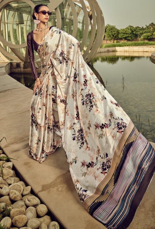Off White Print Satin Silk Saree