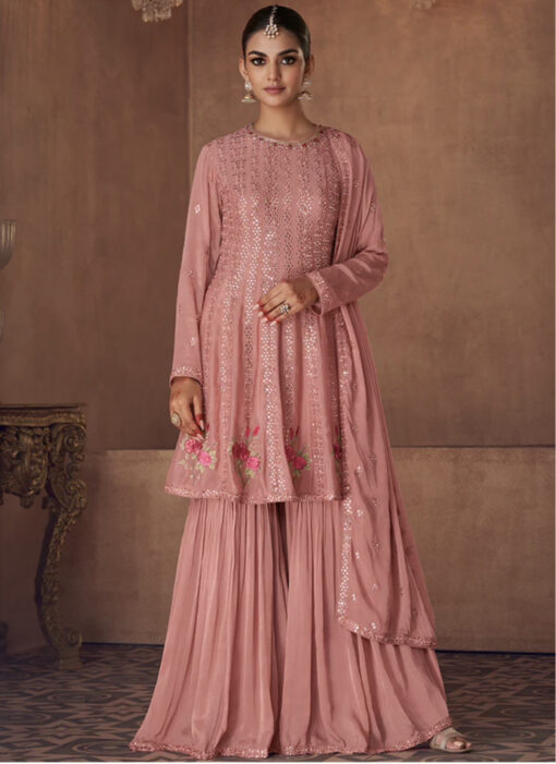 Light Pink Georgette Frock Style Sharara Suit