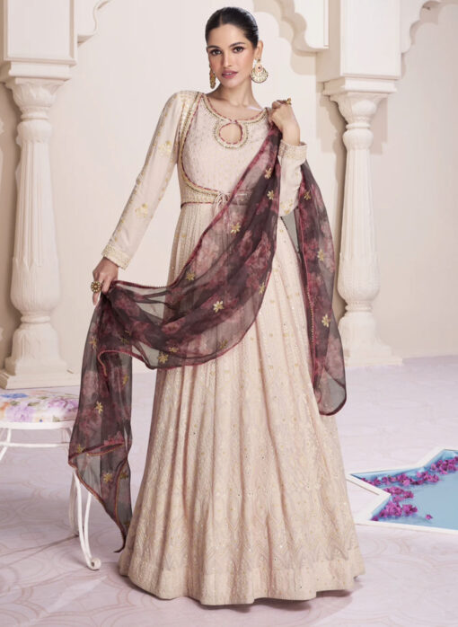 Beige Lucknowi Embroidered Anarkali Gown