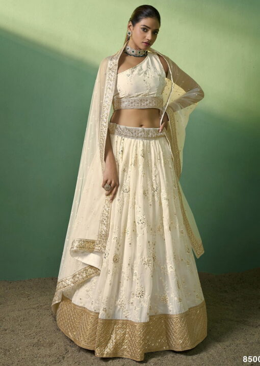 Cream Georgette Embroidered Lehenga Choli