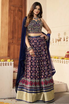 Bluish Purple Silk Embroidered Lehenga Choli