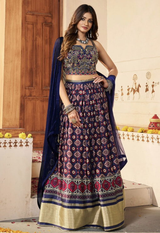 Bluish Purple Silk Embroidered Lehenga Choli